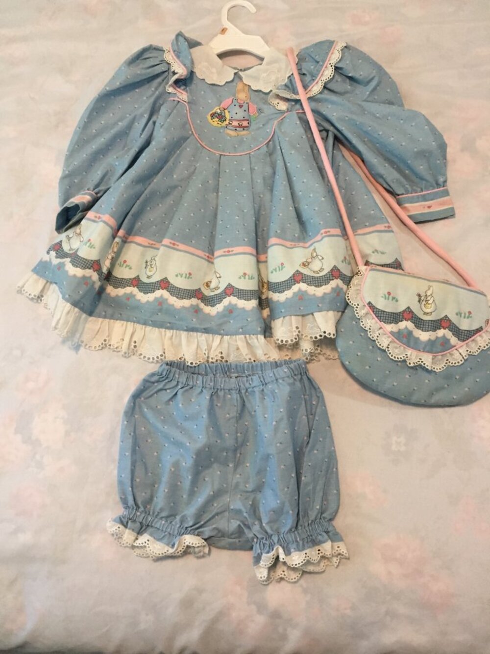 VTG‎ Daisy Kingdom Blue Bunny Full Circle Pinafore Dress, Bottoms & Purse  18 MO